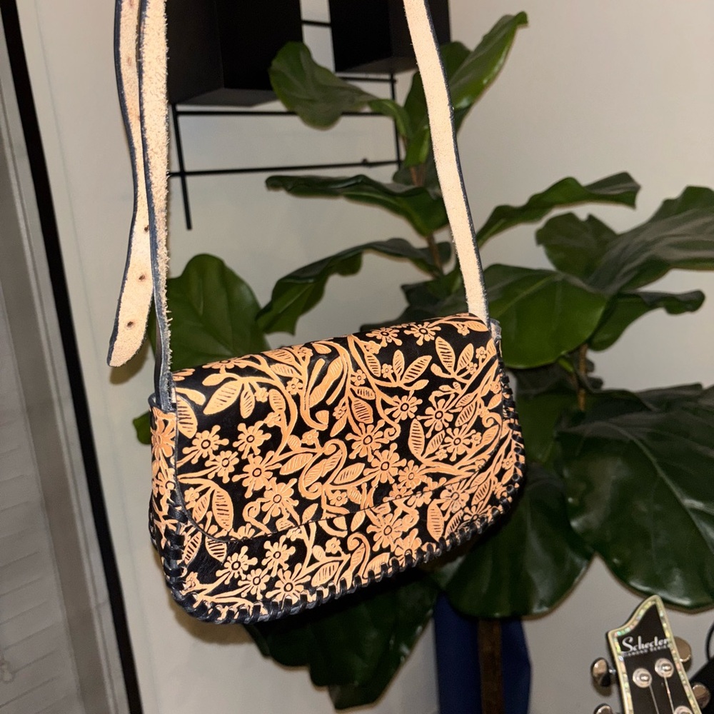 Floral Embossed Black and Tan Shoulder Bag